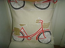 New IN SCION CYKEL BIKE PRINT BEIGE RED Cotton  fabric cushion Cover 16in