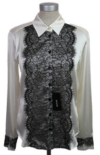 Basler Ivory & Black Lace Bib Detail Silk Blouse/Shirt- Woman's UK 10