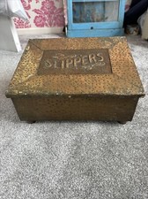 Beautiful Antique Hammered Brass  & Wood Slipper Box -Arts & Crafts Fireside Box