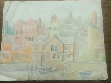 Original Lillian Mingay Watercolour Painting Whitby Harbour George Hotel c1930s 