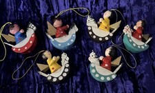 Vintage Hand Painted German Wooden Christmas Ornaments Angels on Rocking Horses 