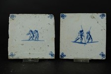 2 Antique blue and white Dutch Delft tiles, 18th century