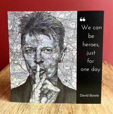 David Bowie Inspired Birthday Greeting Card.Pen Drawing on Map. Blank Inside