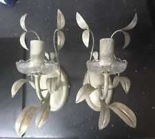 Vintage Italian Shabby Chic Wrought Iron Wall Lights, Ivory & Gold Botanical Des