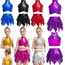 Kids Girls Outfit Sparkly Vest Ans Skirts Competition Crop Top With Skirt Salsa