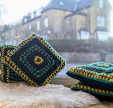 VINTAGE/ RETRO GREEN & YELLOW HANDMADE CROCHET CUSHIONS