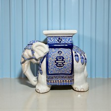 Vintage Large Oriental Blue White Ceramic Elephant Plant Stand 14.5 Inch Height