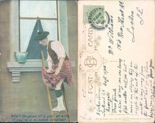 Scottish man climbing ladder in kilt Bamforth Co 1908 postmark Humor Window