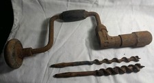 Antique Metal & Wood Hand Crank Drill & 2 Iron Drill Bits