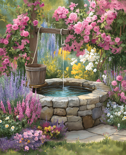 Rose covered stone garden - rose-covered, well
