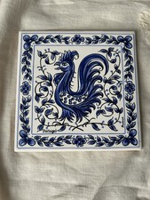 Vintage Hand Painted Portuguese Tile / Trivet With Blue & White Rooster