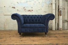 HANDMADE 1.5 SEATER NAVY BLUE  VELVET CHESTERFIELD SNUGGLE CHAIR, LOVE SEAT