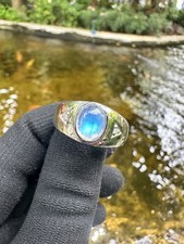 925 Silver Men Ring Blue Sheen Moonstone June Birthstone Jewellery Size V - Y