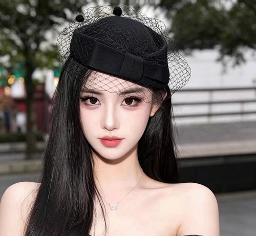 Black wool beret hat mesh - beret, w/mesh