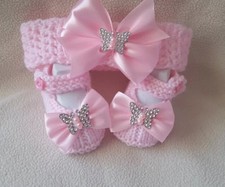 Hand knitted Romany Bling baby girls booties / Crochet headband.0-3months