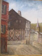 Original Vintage Oil Painting on canvas Village Street Scene Art 65cm x 50cm