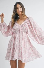 Mable (Boutique) Pink Toile Blouson Sleeve V Neck Mini Dress Size M NWT $108
