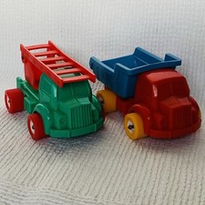 2× Vikingplast Sweden 4231 Small Toy Truck No. 105 Fire Engine & No. 106 Tipper