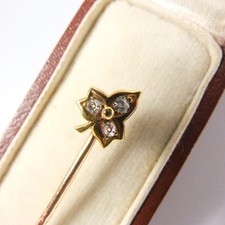 Antique 18ct Gold & Diamond Stick Pin Shamrock Cravat Pin Lucky Irish Pin Boxed