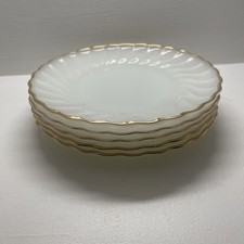 Vintage Anchor Hocking Fire King x 5 Milk Glass Swirl Gold Rim Side Plates 18cm
