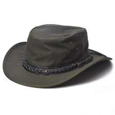 Waxed Cotton Fedora Aussie Bush Hat Braided Leather Trim Brown Olive Black Tan