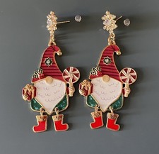 Christmas Santa Claus Gonk Large Faux Gem Stud Enamel Metal Earrings - New