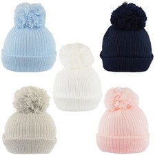 Baby Pom Pom Beanie Hat Boy Girl Knitted Bobble Cap Warm Fleece Lined NB-18 mth