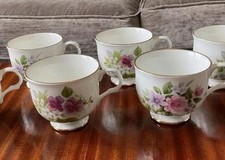 Set Of 6 Footed China Tea Cups. Floral Theme. Gold Trim