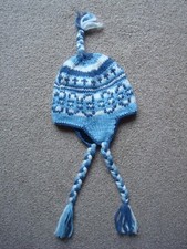 Girls Blue Patterned Nordic Knit Hat with Ear Flaps & Tassels - One Size