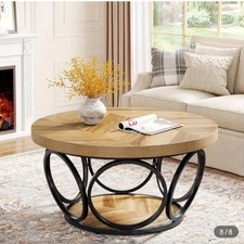 Round Coffee Table, 80 cm Round Wooden Table with 2Tier Storage