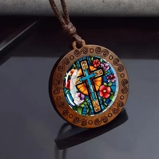 Bohemian Style Cross & Floral Stained Glass Window & Adjustable  Cord  Necklace