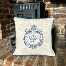 81. Handmade Shabby Chic Natural with Blue Crown Linen/Cotton cushion cover 17"