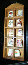 Vintage Collectible 10 Bone China Thimbles with Flowers and Avon / Display Shelf