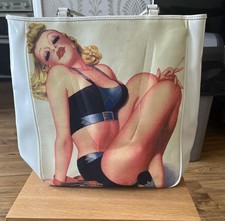 Vintage pin up girl tote bag with beaded lit cigarette - Glossy white PVC sides.