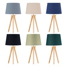 Natural Oak Wood Tripod Table Lamp Bedside Light with Fabric Shades