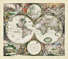 Historical 17th century World Map monsters gods Schagen / De Wit 1689 art poster