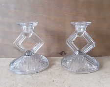 Vintage Candlesticks Pair Art Deco Style Clear Solid Cut Glass Candle Holder 
