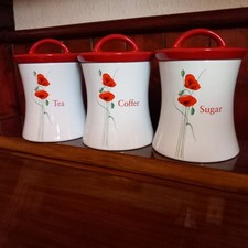 Dunelm Pottery Tea Coffee Sugar Jars Red and White Ceramic Poppy Pattern.