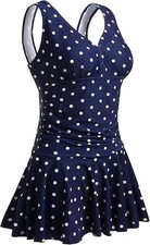 LADIES PADDED BLUE poka Tummy Control SWIM DRESS Swimming SWIMWEAR SWIMSUIT