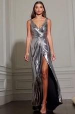 FOREVER UNIQUE Metallic Dark Silver Maxi Dress Gown 24 See Description