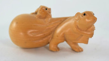 JAPANESE CARVED WOOD NETSUKE MOUSE PULLING A SACK FIGURE