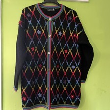 Vintage Tulchan Womens Cardigan Pure Wool Knit Floral Blue Red medium large 