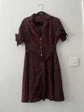 Tenki black midi dress red hearts size UK 12 short sleeve tie buttons