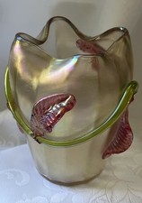 Antique Wilhelm Kralik Glass Vase. Iridescent finish with applied vine & leaves 