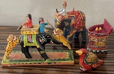 Vintage Indian Wood Handicraft Carved Colourful Painted x 4  Estate John Burton
