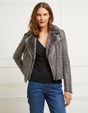 The White Company Dark Grey Sheepskin Trim Leather Biker Jacket UK 12 EU 40 US 8