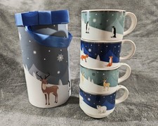 Aynsley Winter Animals 4 x Stacking Tea Cup Mug Set Snow Christmas