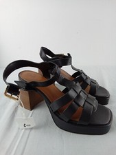 M&S Women's Shoes Black Real Leather Woven Straps Square Toe Block Heel NWOT F2