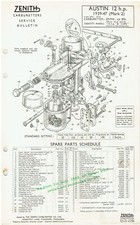 AUSTIN TWELVE 12hp 1939-47 ZENITH 30VM4 CARBURETTER SERVICE BULLETIN/PARTS LIST