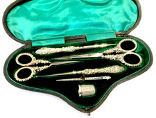 Antique Leather Cased Silver Sewing Set Tools Scissors Etc Hallmarked 1896